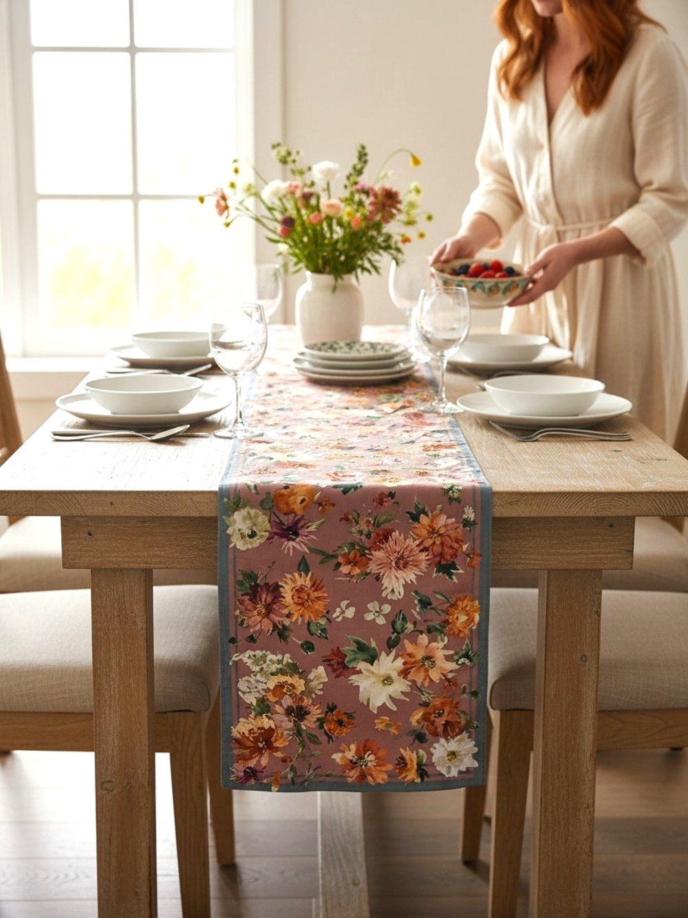 Sur La Table Pink Floral Table Runner 16x108 Mauve Cottagecore EUC - Picture 2 of 7
